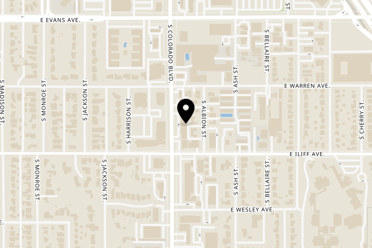 Map showing the location of Unique Indian Cuisine on 2246 Colorado Boulevard in Denver